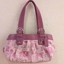 Coach Pink Logo Canvas Leather Shoulder Bag Zip Top Pockets Silver Charm