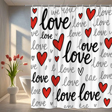Love Shower Curtain with Red Hearts and Grey Text for Bathroom