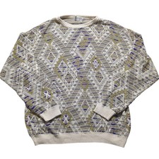 VTG Progetto Geometric Knit Sweater Cream Olive Purple Men Medium MADE ITALY