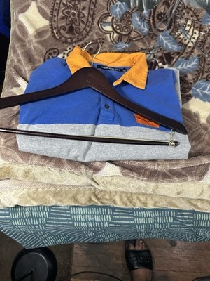Calvin Klein Jeans Mens L Long Aleeve Colorblock Polo Blue Gray Orange Logo
