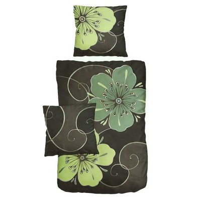 Satin Bettwäsche Baumwolle Blumen Grün Grau 155x220 80x80cm
