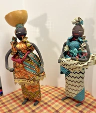 2 Vintage Handmade Folk Art African dolls 14" w stands