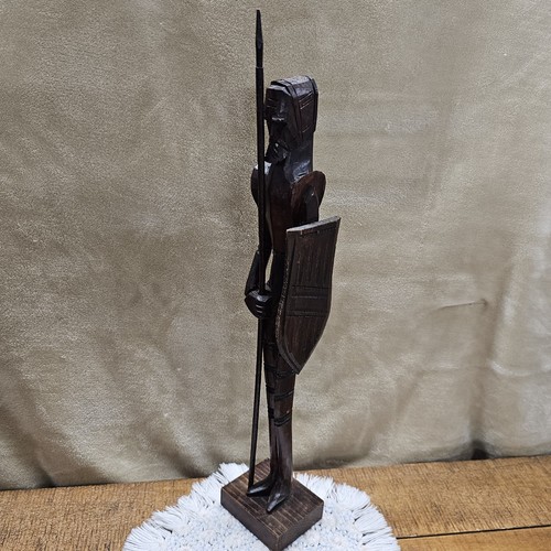 Art Nouveau Wooden Soldier w/ Spear & Shield Hand Carved Folk Art 16 ½” M