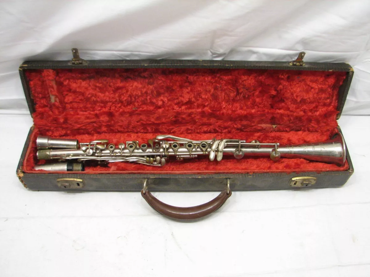 Vintage Sonata Metal Clarinet Musical Instrument w Case Silver Plated