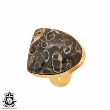 Size 9.5 - Size 11 Adjustable Turritella Agate 24K Gold Plated Ring GPR1027