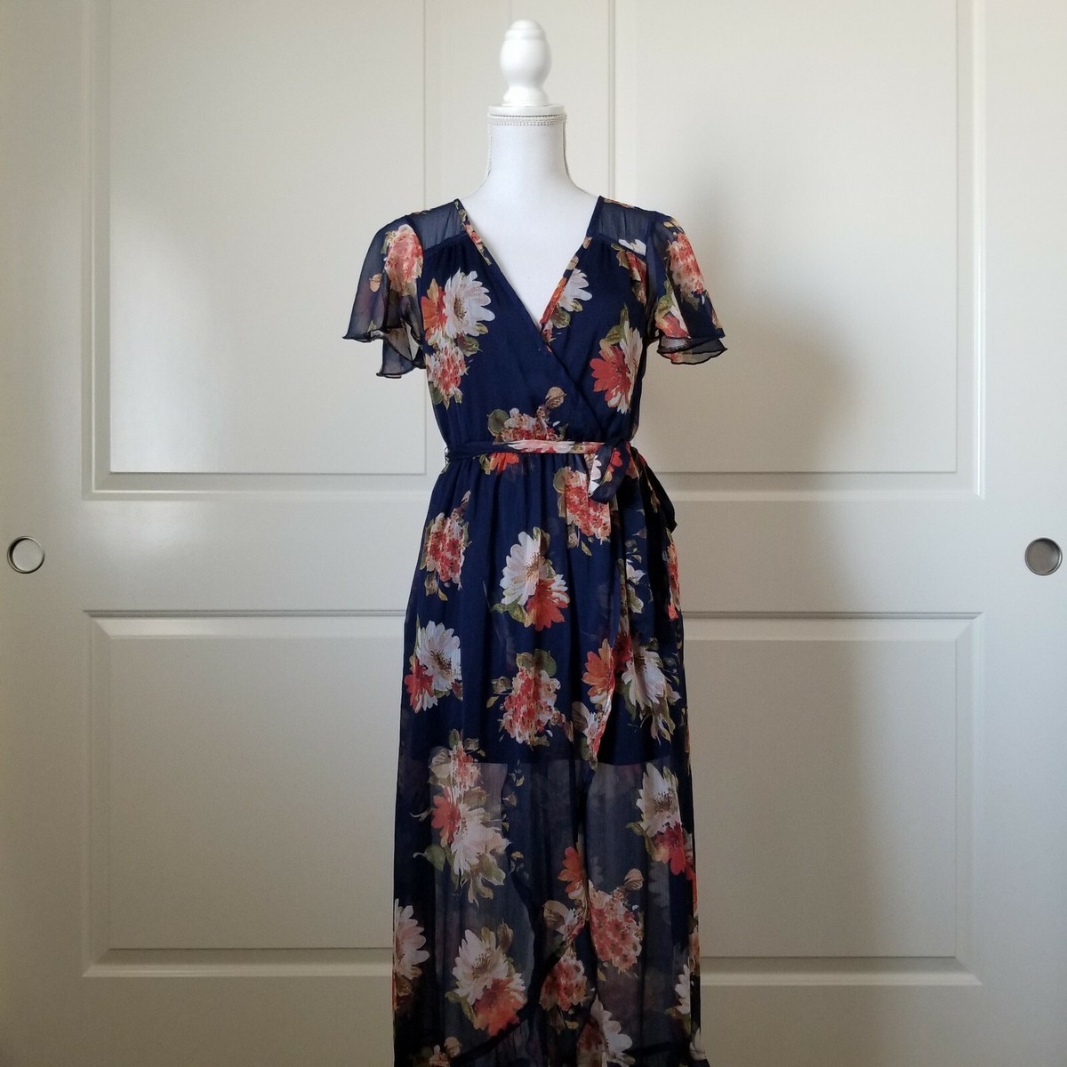 band of gypsies blue floral dress Womens Maxi Size Small Sheer Ella Sequin Dress