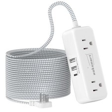 Flat Extension Cord 25FT 4 AC Outlets 3 USB Ports 5V/3.4A 17W Braided Cord
