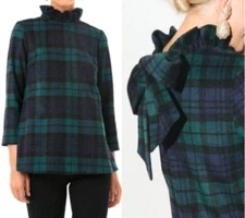 Tuckernuck Blackwatch Plaid Faye Blouse L Top Ruffle Collar Career Wool Blend