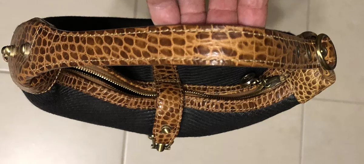 Eric Javits Hand Bag Purse Black Canvas Lt Brown Leather Croc Embossed Studs