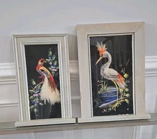 Vintage Mexican Handpainted "Feather Art" Multi Color Bird Folk Art Set Of 2