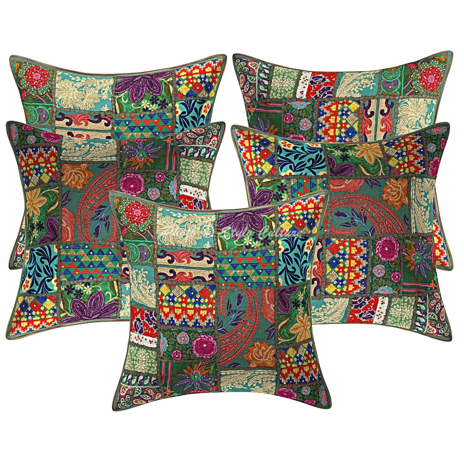 Ethnic Throw Pillow Covers Vintage Patchwork Cotton Green Boho 18x18 Home Decor