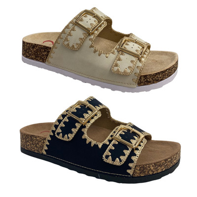 Heavenly Feet Damen-Sandalen Doppelschnalle offene Zehenpartie bequeme vegane Pantoletten sandfarben