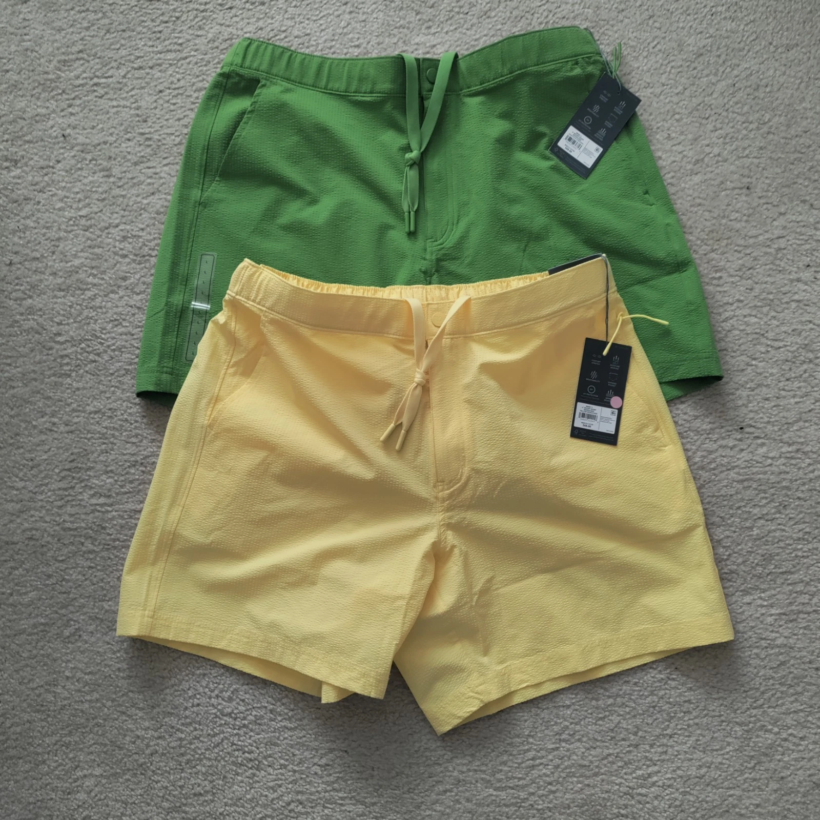 (2) New VRST Relaxed L Resort Shorts Seersucker Green & Yellow Moisture Wicking