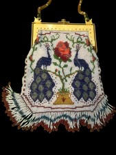 1920s Art Deco Beaded Purse: Peacock  Rose Design