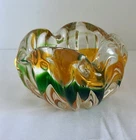 Vintage Murano Hand Blown MCM Bowl Fluted Edges Green Orange Clear Glass