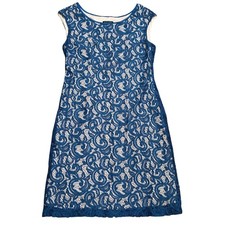 Connected Apparel Blue Green Floral Lace Sheath Dress Tan Lining Size 10