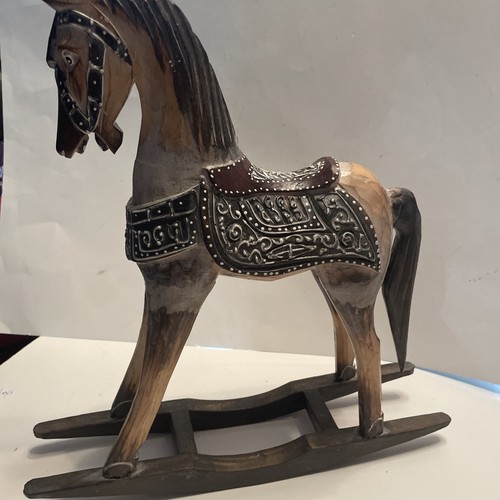 VTG Wooden rocking horse, hand-crafted & painted-Elaborate Etching 14.75โ X14โ
