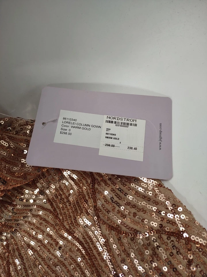 NEW JS Collections Lorelei Sequin Column Gown - Warm Gold - Size 0 (C2-I5) - Image 3 of 4