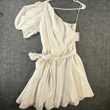 NWT Nine West Womens White One Shoulder Puff Sleeve Tie Waist Mini Dress Size M