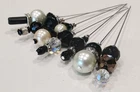 7 x Vintage Bead Hat Pins Black Pearl &  Crystal each unique,  made in UK