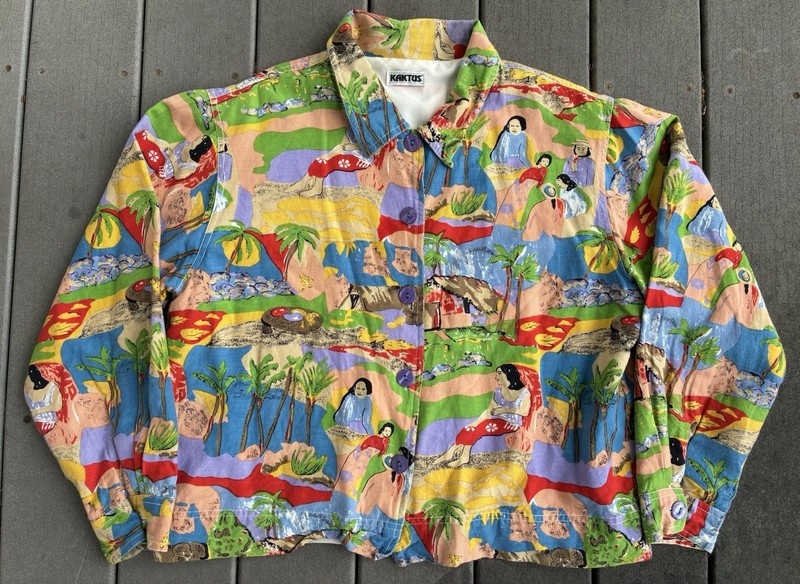 Vintage Kaktus Button Blazer 80’s Women’s Village Painting Medium All Over Print