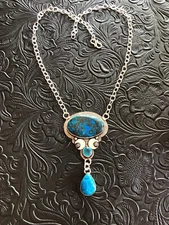 Artisan Southwest Blue Turquoise Dark Matrix Flower Moon Necklace 18-19"
