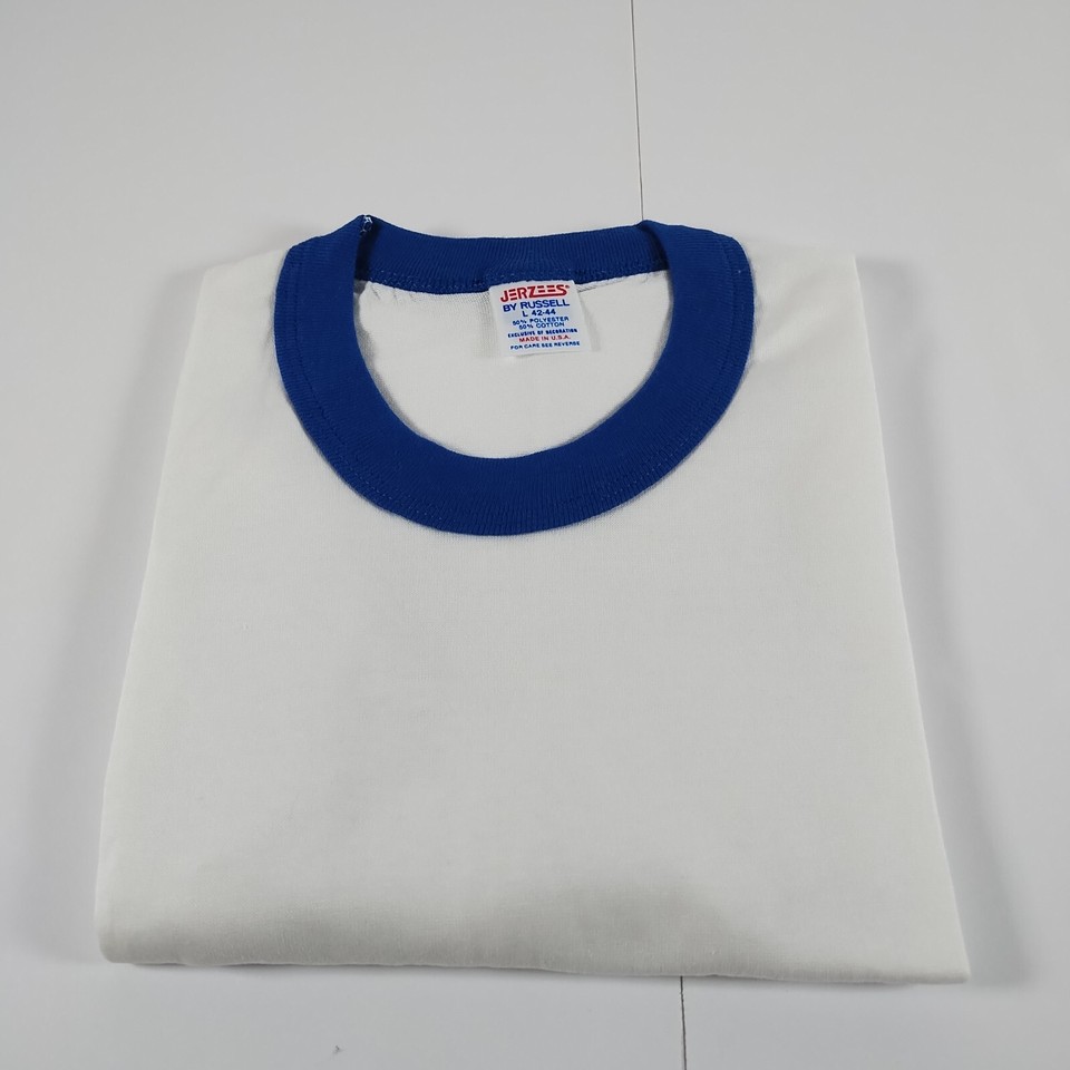 Vintage TShirt Blank Mens Large White Blue Ringer Short Sleeve