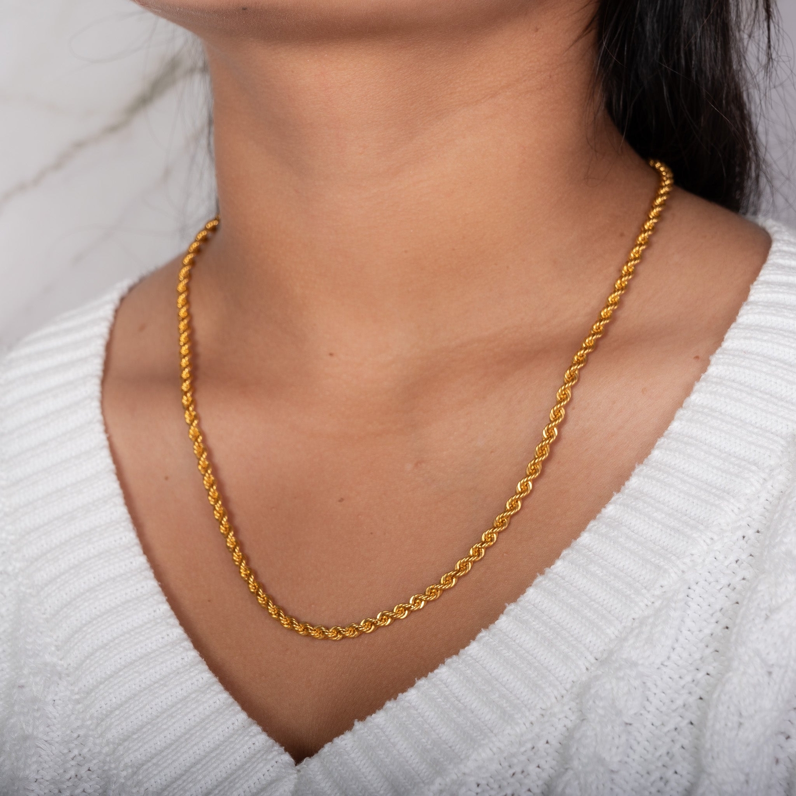 22K Real Solid Gold Rope Chain Twist Necklace Gem
