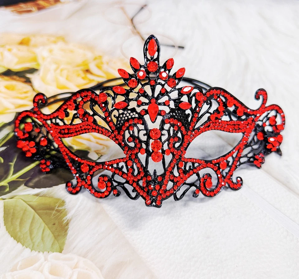 Máscara de cristal rojo, máscara negra, máscara de fiesta, máscara de boda Foto 3 de 4