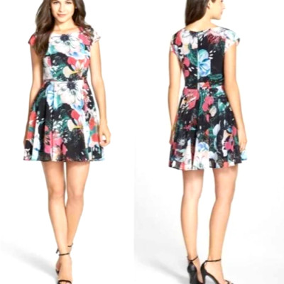FRENCH CONNECTION Floral Chiffon Fit & Flare Dress Lined Size US 12 UK 16