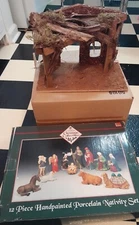 Vintage "Home For The Holidays" 12 Piece Porcelain Nativity/ Wood Manger /Creche