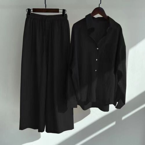 Abito donna taglie forti cotone lino bottoni + pantaloni donna casual loungewear - Foto 12 di 25