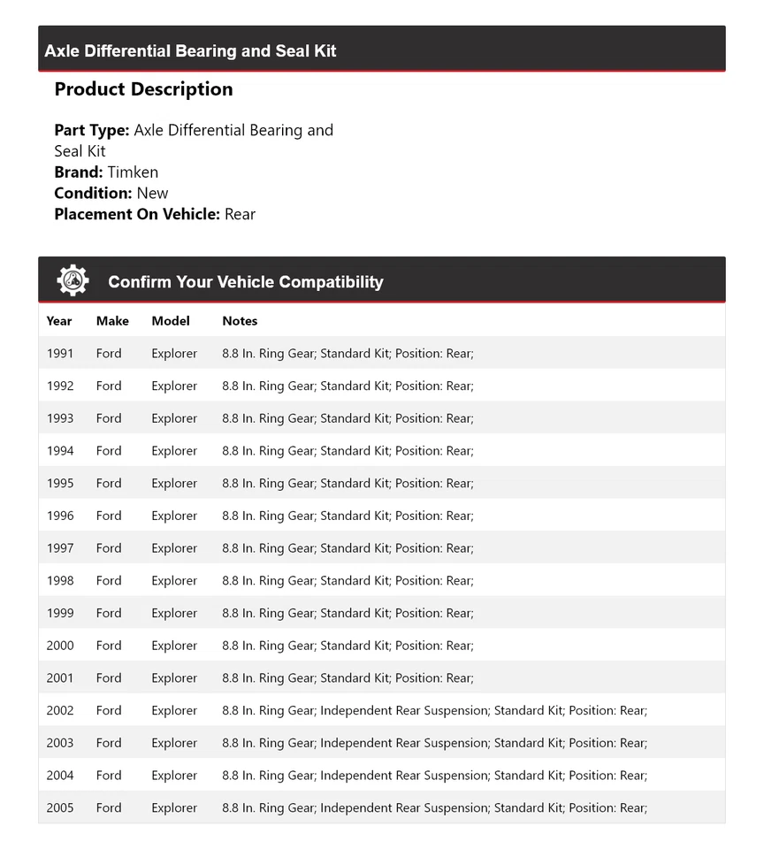 Kit de cojinete y sello diferencial eje trasero Timken para Ford Explorer 1991-2005 Foto 2 de 3