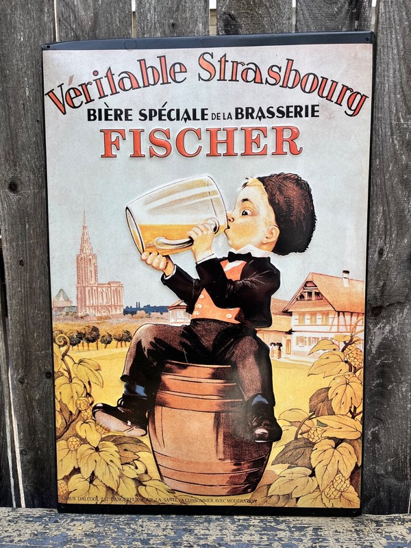 Vintage embossed metal Fischer biere/beer sign