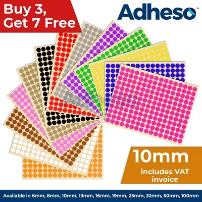 Adheso 10mm Coloured Dot Stickers Round Sticky Dots Adhesive Circles Labels