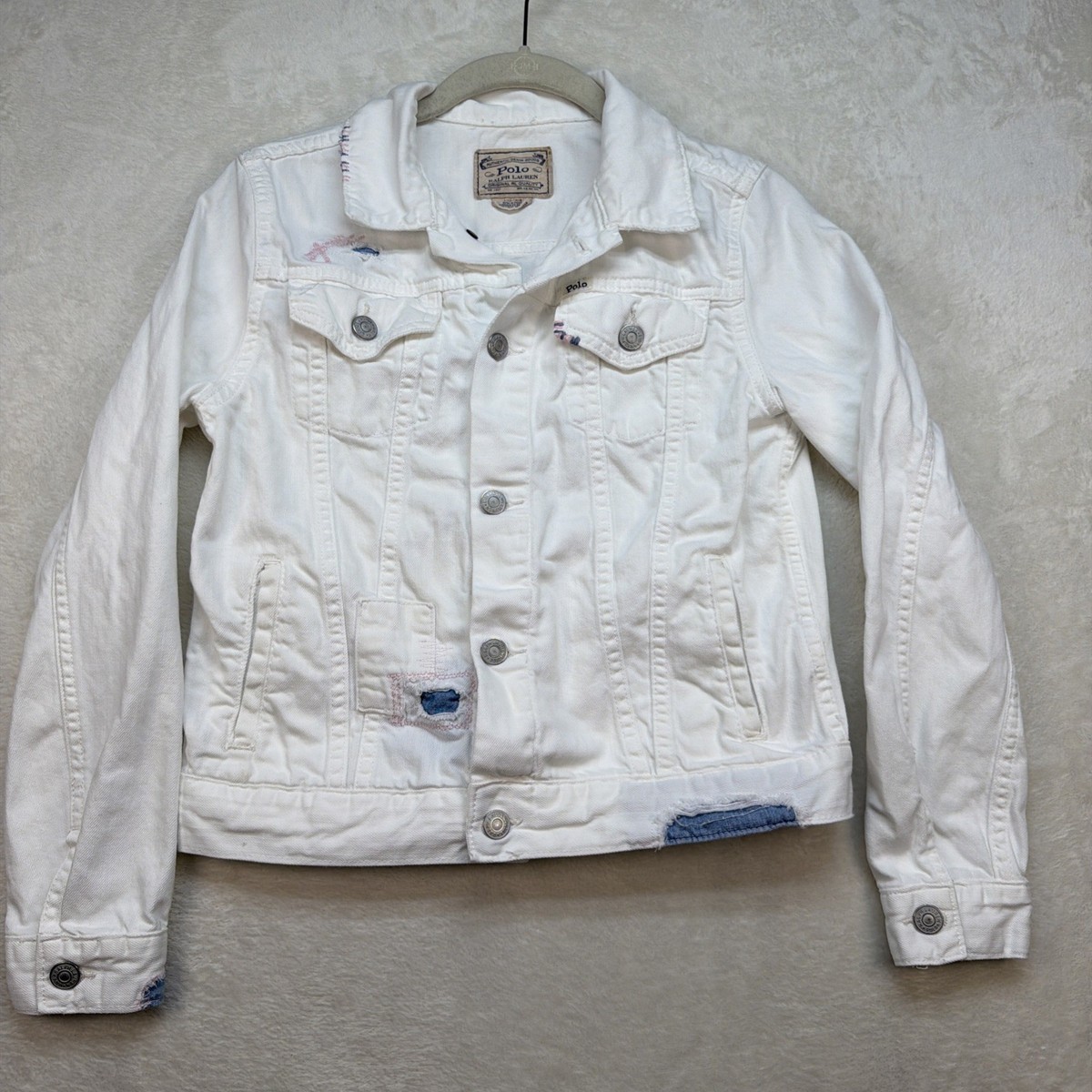 Polo Ralph Lauren White Denim Jacket Trucker Womens XS Patchwork