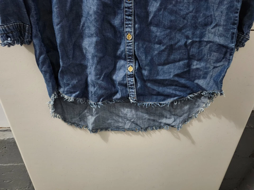 Vestido de tela piedra para mujer S azul manga larga camisa con botones denim tencel borde crudo Foto 3 de 4