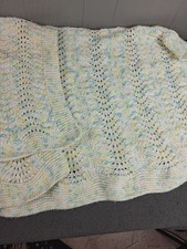 Handmade Knit Baby Blanket Yellow Blue White Soft Pastel Chevron Afghan 36x38in