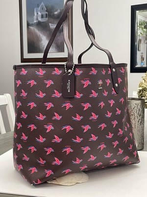 Coach Burgundy/Oxblood Reversible City Tote With Flying Bird Print