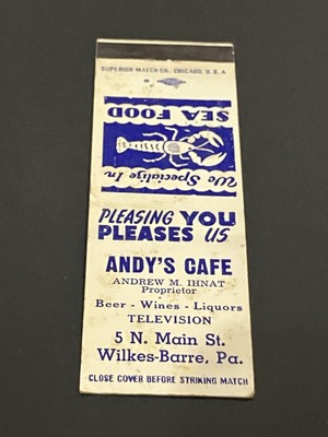 Vintage Pennsylvania Matchbook  Andy s Cafe - Andrew Ihnat  Wilkes Barre