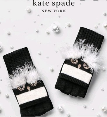 NWOT Kate Spade NY Penguin / Owl Pop Top Wool Mittens Black White Feathers Glove