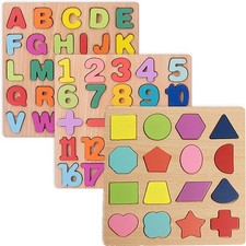 Montessori Wooden Shape Puzzles for Kids - Alphabet and Numbers Set