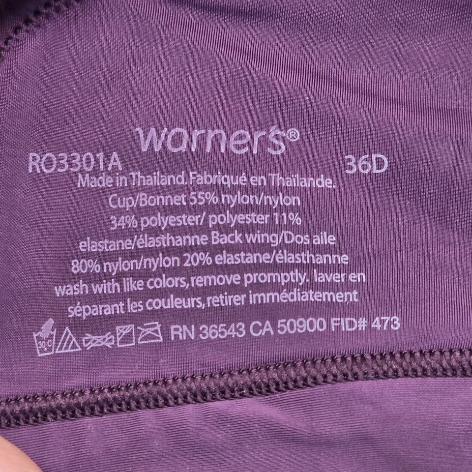 Warners Women Bra 36D Purple Floral Lightly Lined  T Shirt Wireless Lace - Image 3 of 4