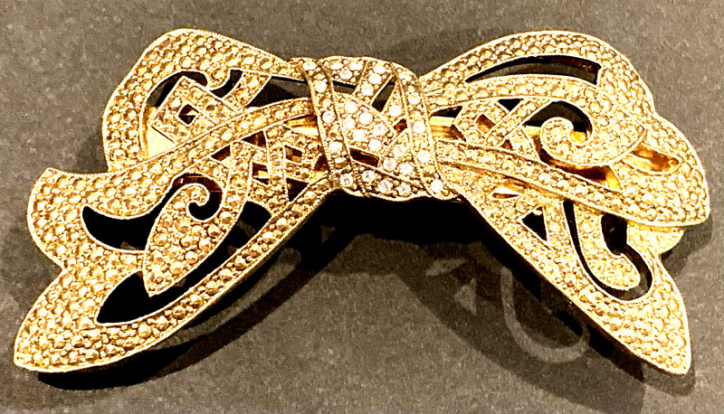 1928 Jewelry 1980’s Gold Tone Bow with Crystals Hair Clasp Clip Barrette France