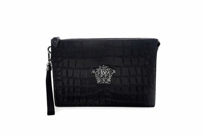 Versace Medusa Black Croc Embossed Leather Clutch Pouch Authentic
