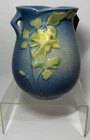 Vintage Roseville Pottery Columbine Pattern Blue Double Handled Vase Pot 12-4"