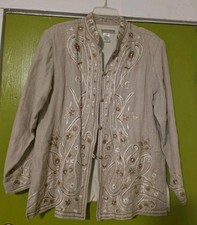 Coldwater Creek Womens Linen Embroidered Jacket Sz L Boho Artsy Cottagecore