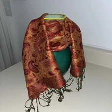 PASHMINA 55% Pashmina 45% Silk Shawl Wrap Scarf 70"X28" Orange Red Paisley