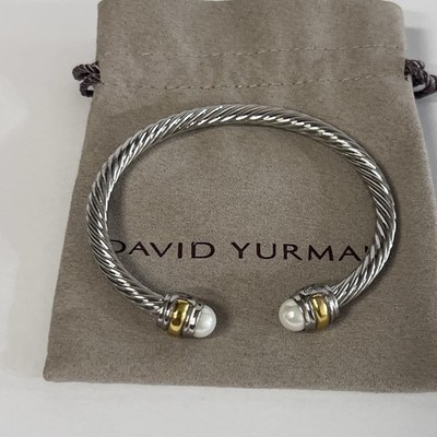 David Yurman Sterling Silver 925 Cable Cuff Bracelet w/ 2 Round White Pearls