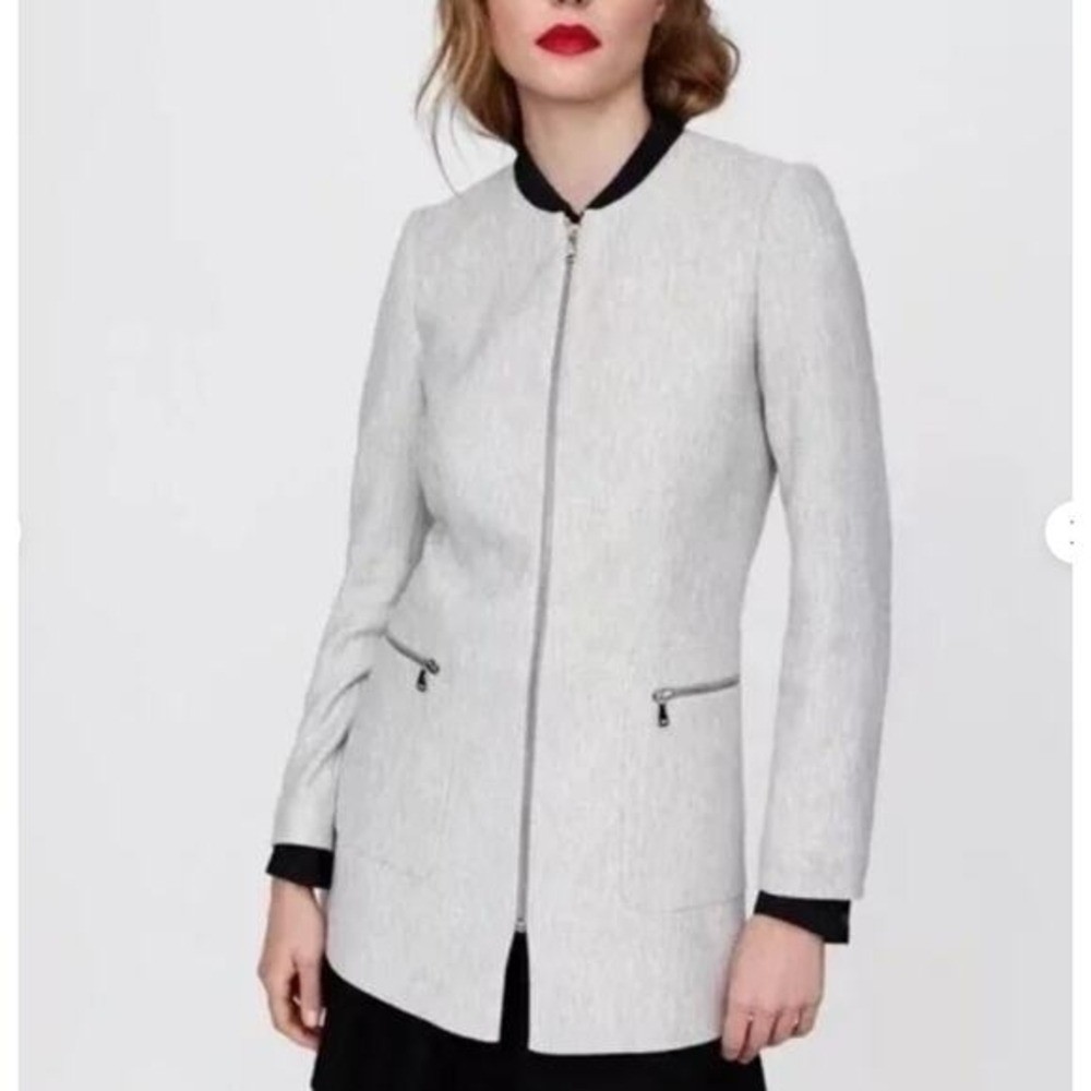 Zara Basic sGray Coat Herringbone Jacket Zip Up P… - image 1